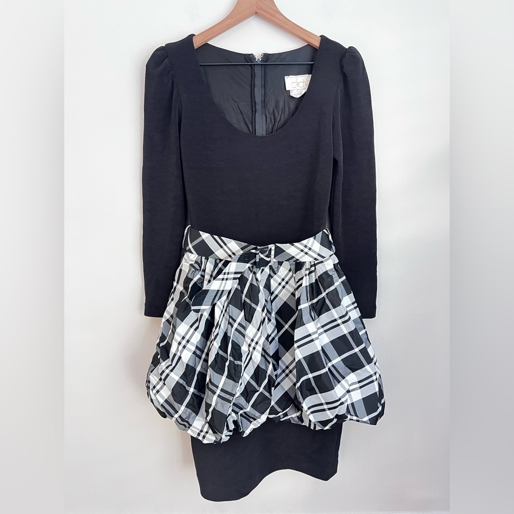 Cache Gold Label black bodycon Dress puff plaid skirt long sleeve belted 7-8